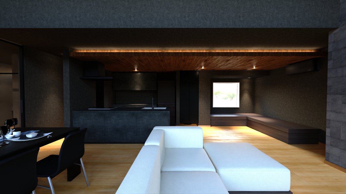 キッチンとヌック。モノトーンシックなデザイン。