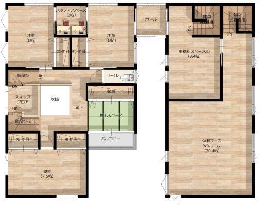 吹き抜けとスキップフロアで家族がつながる間取り
