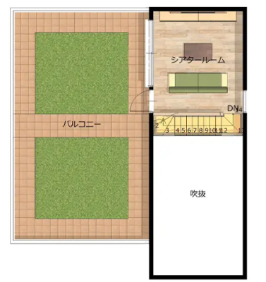 秘密基地のようなシアタールームとBBQやプールなどに活用できる特大ルーフバルコニー。