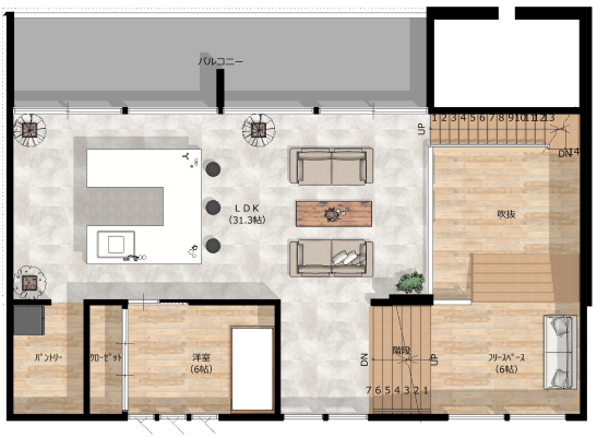 3階までの吹き抜けが出迎えるエントランスホール、中２階、コの字型のオープンキッチンのあるLDK