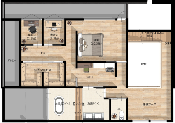 ご夫婦それぞれの書斎とホテルライクなバスルーム、小上がりのベッドルーム