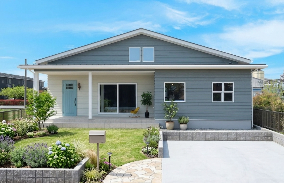 ラップサイディングとカバードポーチを採用しアーリーアメリカンな平屋。