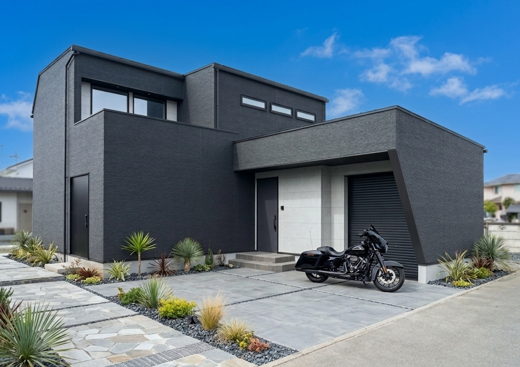 注文住宅ならではの凹凸のある外観。ブラックを基調とした外観。バイクガレージ。